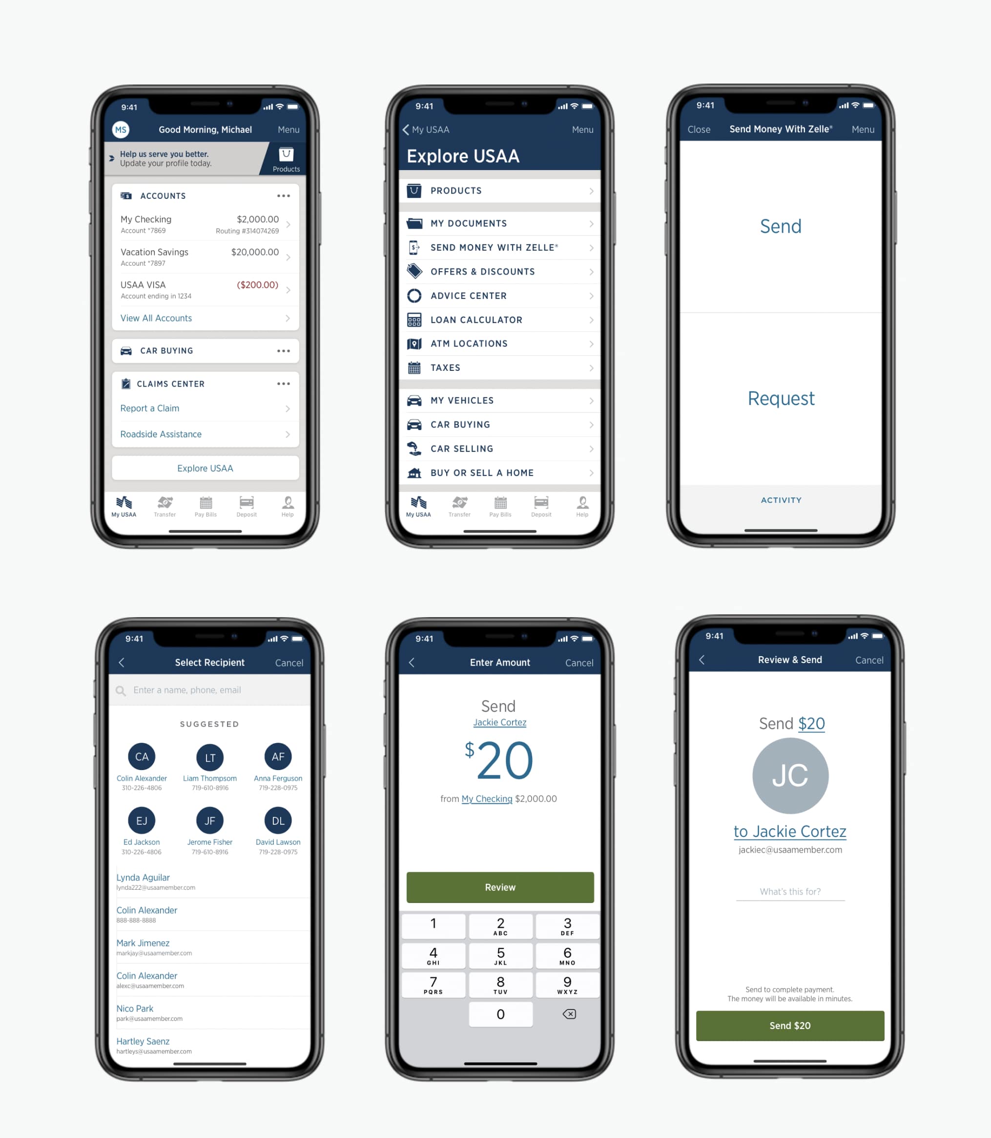 Implemented USAA app screens for sending money with Zelle: Explore USAA menu, send or request, select recipient, enter amount, and review and send