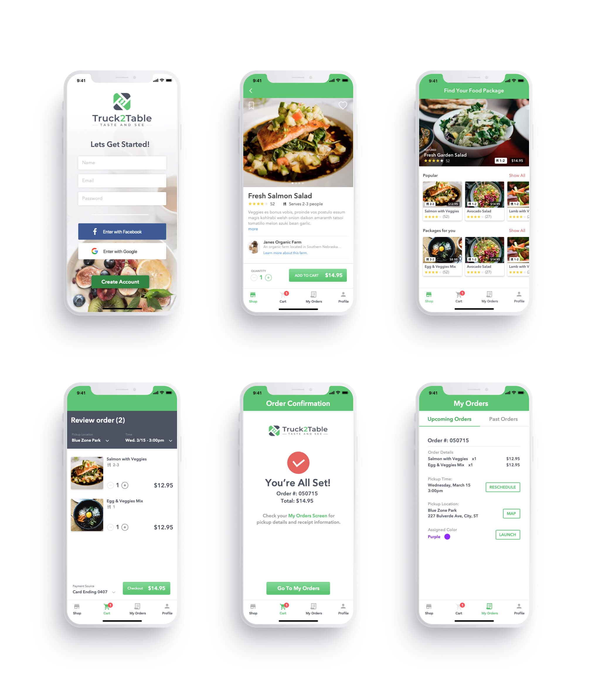 Final consumer app screens: sign up, food detail, find a package, review order, order confirmation, and my orders
