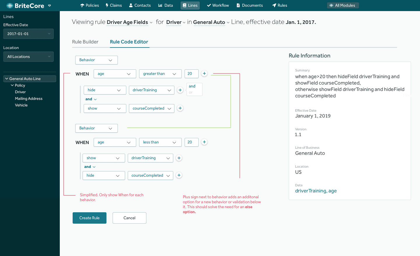 BriteCore rule builder showing WHEN and behavior conditions beside a plain language rule summary